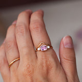 ring with three stones, pink sapphire + diamonds